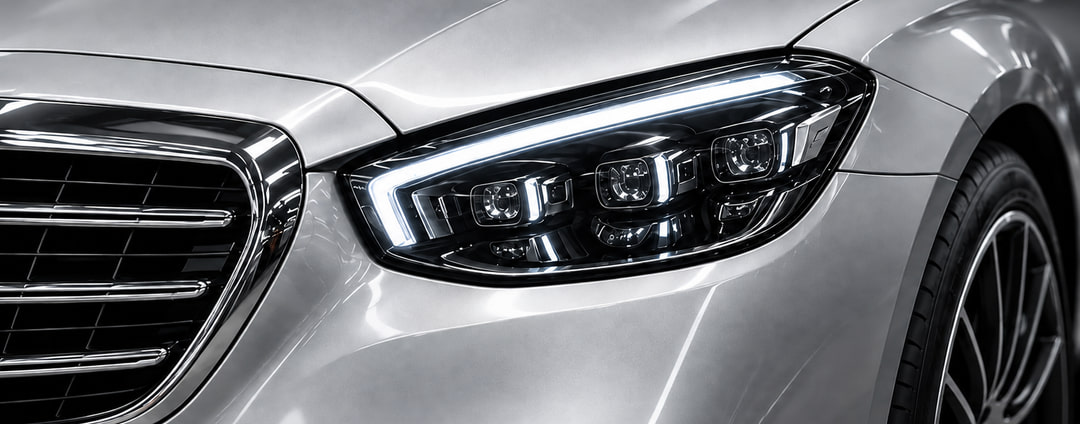 Крупный план фары, капота и переднего крыла Mercedes-Benz S-Класс после оклейки